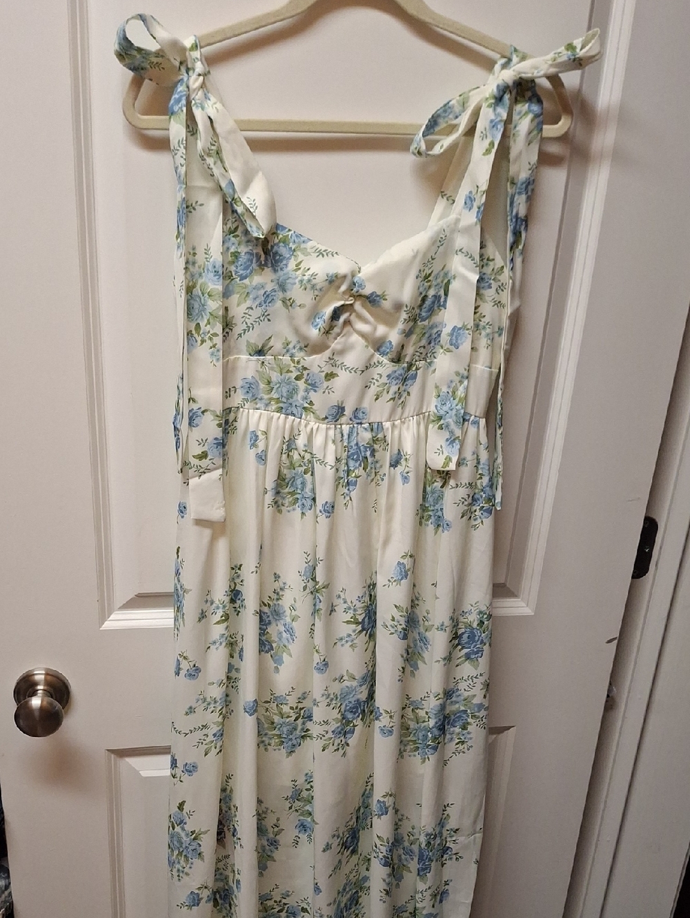 Cider Floral Tie-Strap Maxi Dress in Cream and Blue